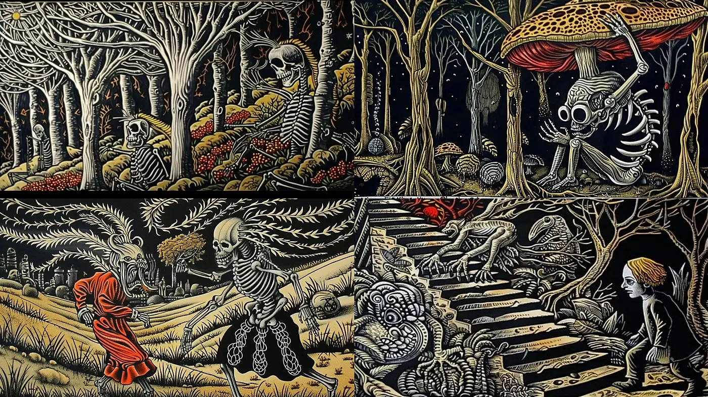 Elegiac Phantasmagoria: A Stylistic Homage to Surrealism and Esoteric Illustrations - Midjourney sref style