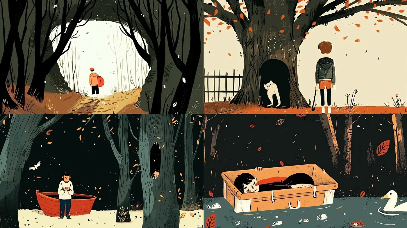 Whimsical Narratives in Stylized Autumnal Tones - Midjourney sref style