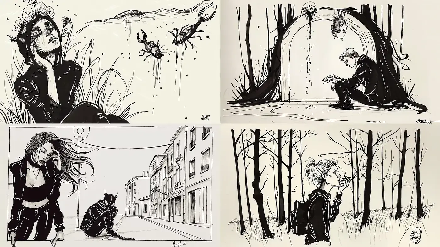 Monochromatic Inkwash Dynamics in Storytelling Illustrations - Midjourney sref style