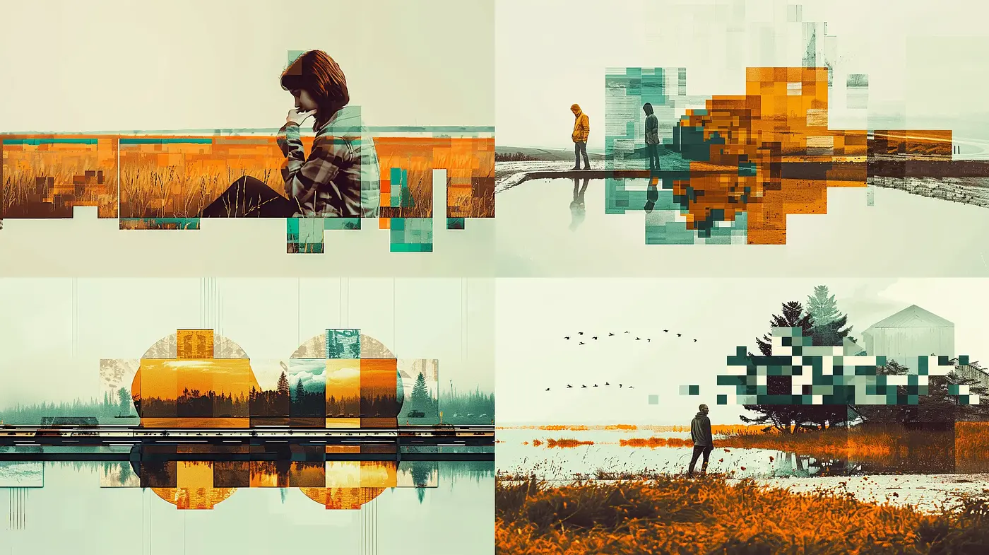 Autumnal Digital Mosaic: A Fusion of Pixelated Tranquility and Cinematic Landscapes - Midjourney sref style
