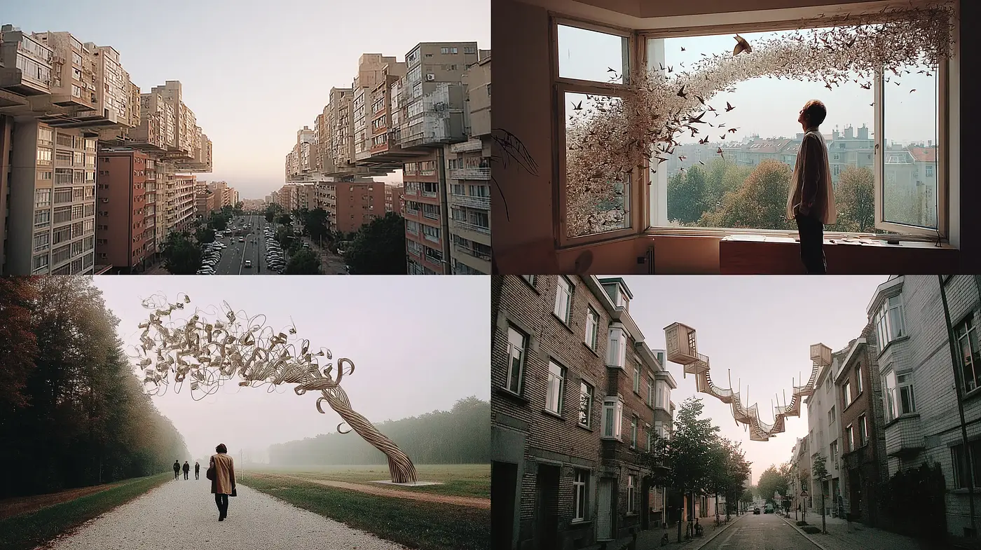 Surreal urban landscapes with ethereal elements - Midjourney sref style