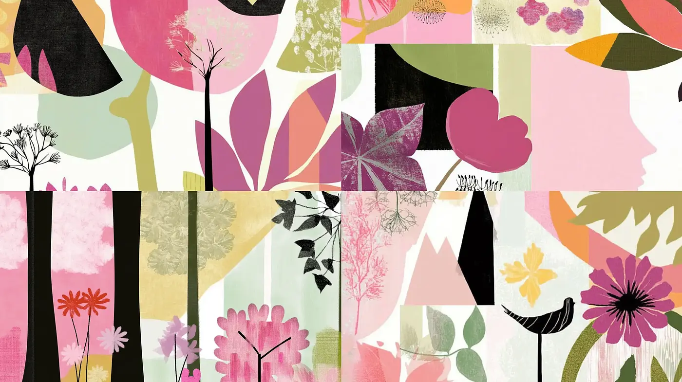 Stylized Botanical Collage Art with Mid-Century Modern Influences - Midjourney sref style