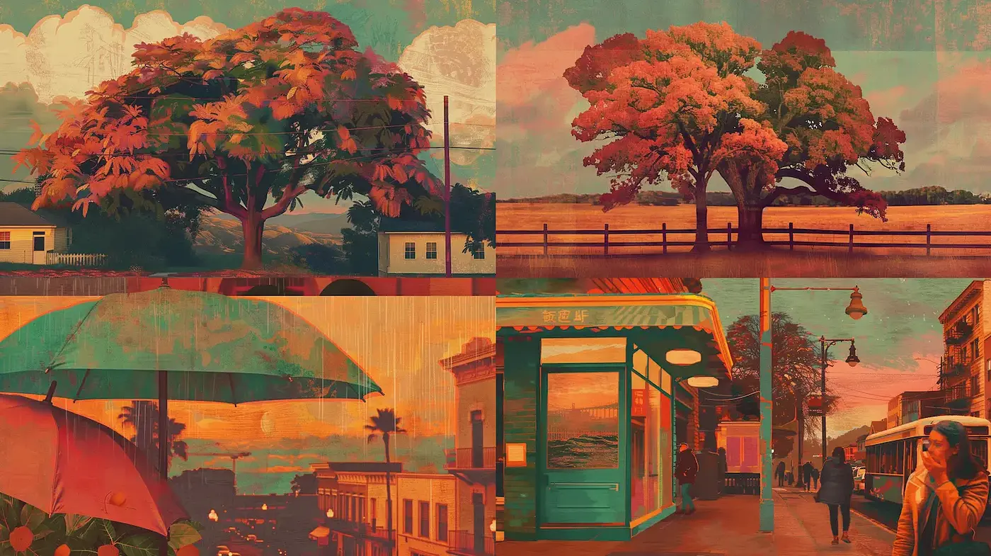 Tropical Evening Vistas with Nostalgic Charm - Midjourney sref style