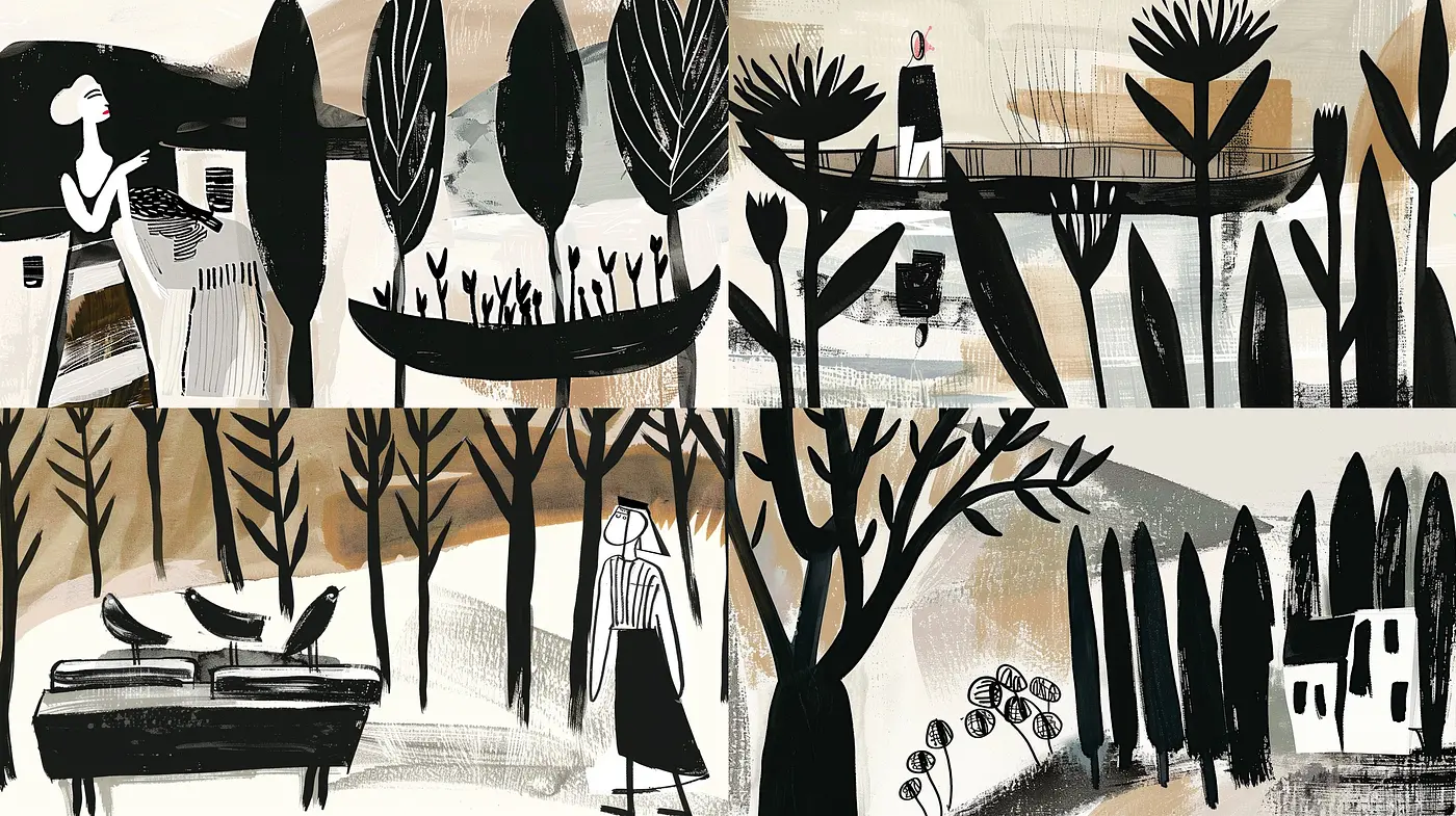 Monochromatic Whimsy: A Dreamy Dance of Shadows and Textured Elegance in Black, White, and Shades of Gray - Midjourney sref style