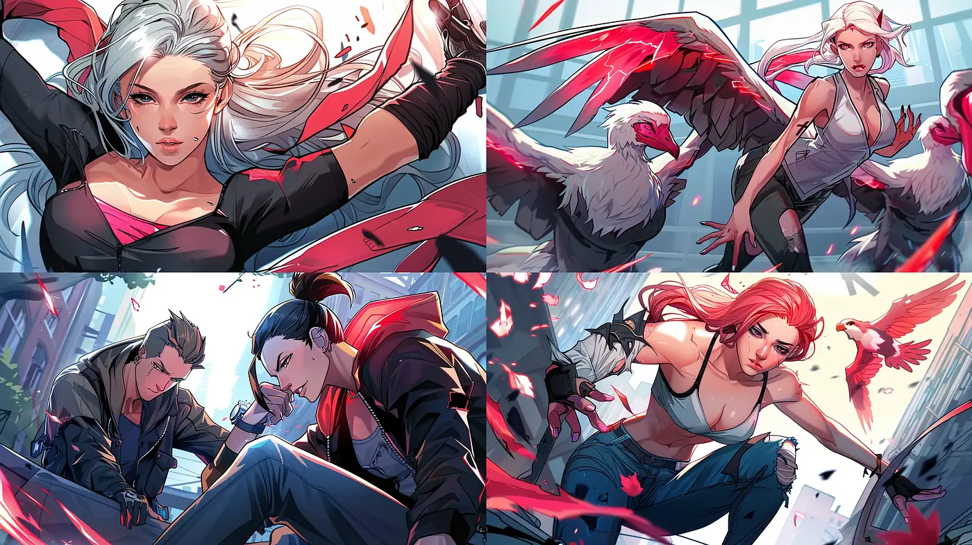 Dynamic Anime-Inspired Action with Vivid Crimson Accents - Midjourney sref style