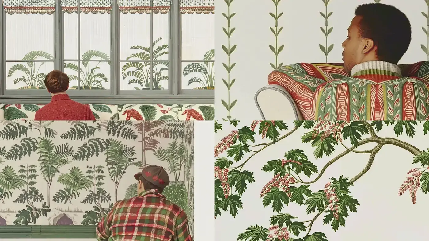 Stylized depictions of domestic life with botanical elements - Midjourney sref style