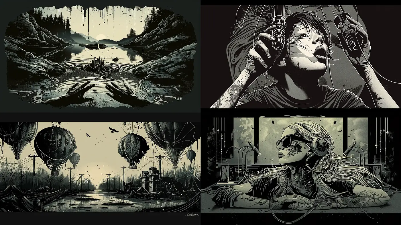 Monochromatic Dreamscape: Stylized Illustrations with a Nostalgic Noir Influence - Midjourney sref style