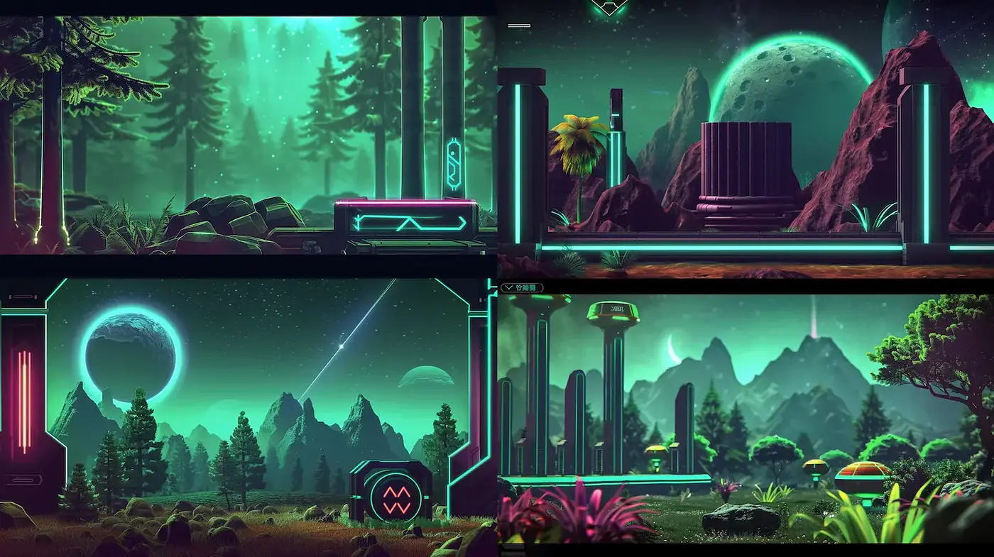 Futuristic Landscape with Neon Aesthetic and Surreal Elements - Midjourney sref style