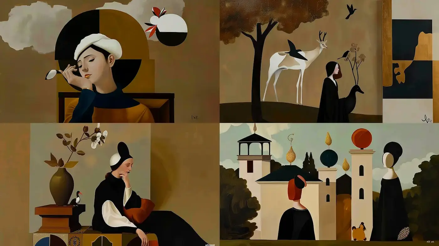 Contemporary blend of surrealism and historical art influences with earthy tones - Midjourney sref style