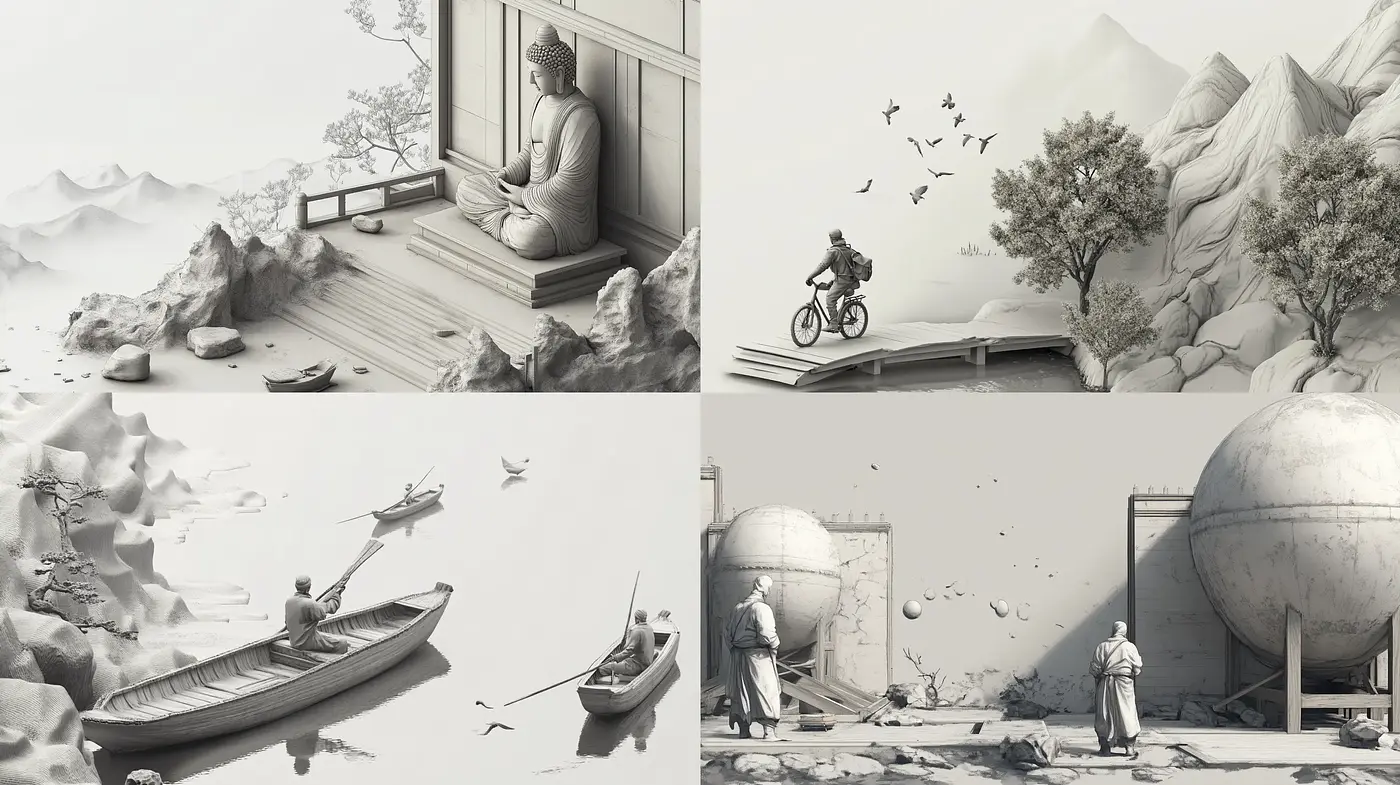 Monochromatic Serenity: A Study in Greyscale Minimalism - Midjourney sref style