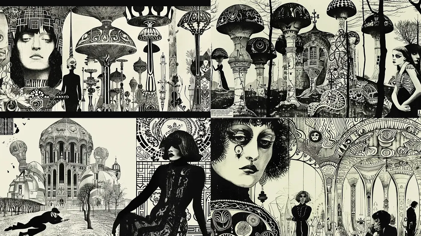 Surrealistic Dreamscape in Monochrome Ink - Midjourney sref style