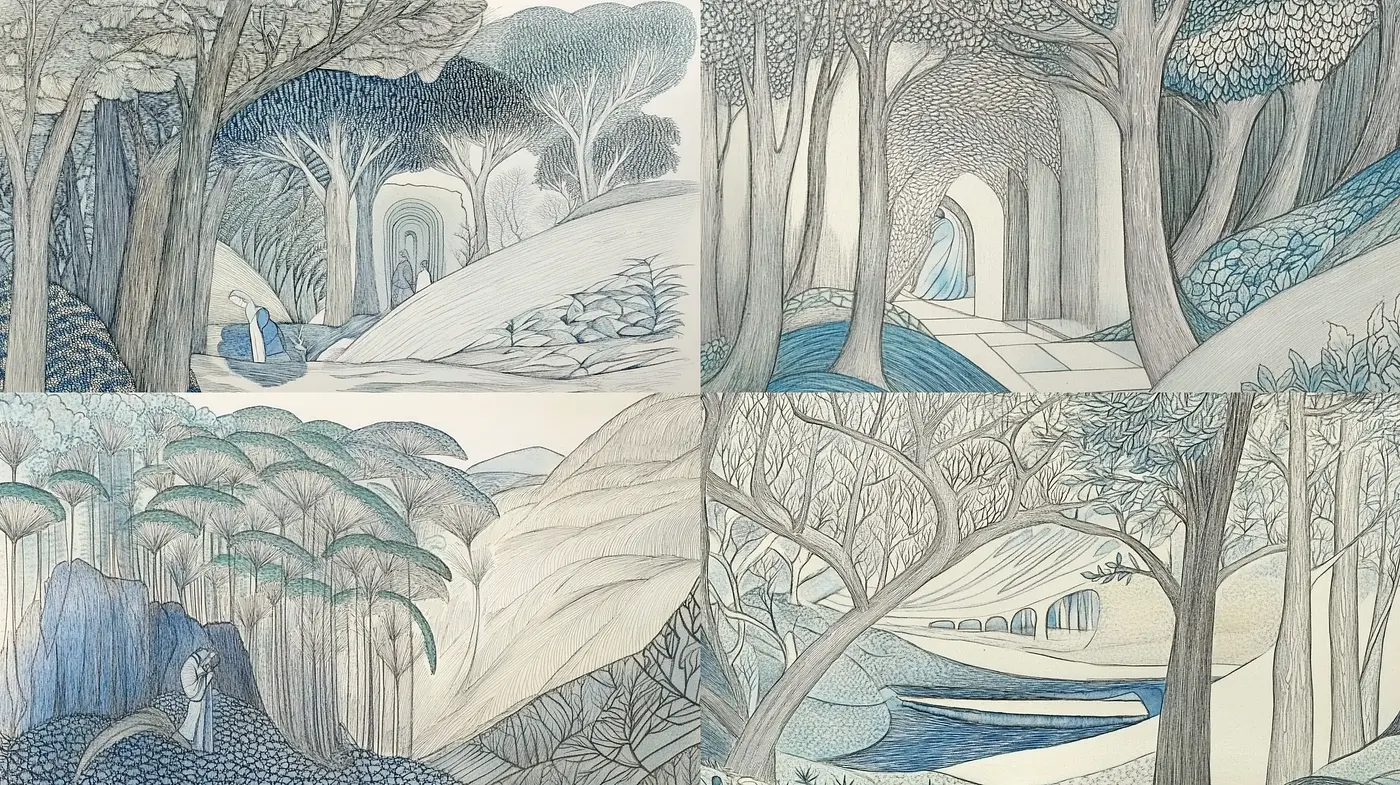 Serene Arcadian Landscapes in Pen and Watercolor - Midjourney sref style