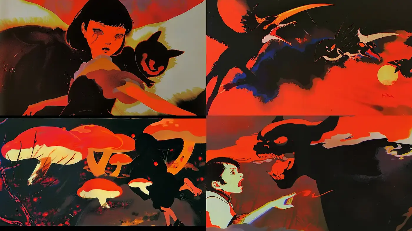 Dynamic and Mysterious Illustrative Art with a Dark Fantasy Vibe - Midjourney sref style