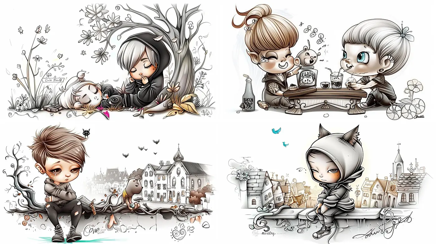 Monochromatic Whimsy: A Chiaroscuro of Charcoal Hues and Softened Edges with a Storybook Charm - Midjourney sref style