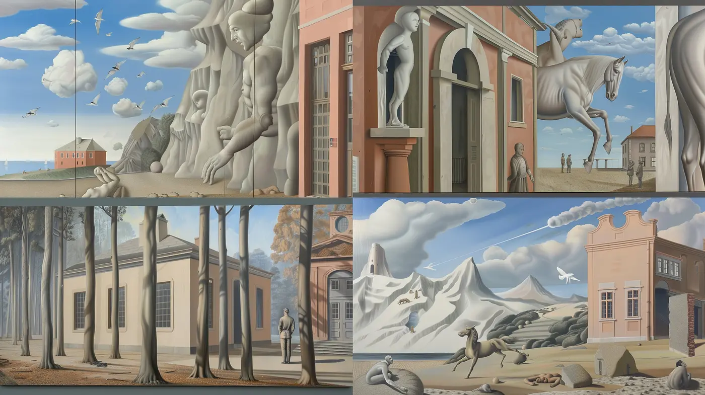 Surreal Harmonies of Timeless Dreamscapes: a Tribute to Magritte and Escher - Midjourney sref style