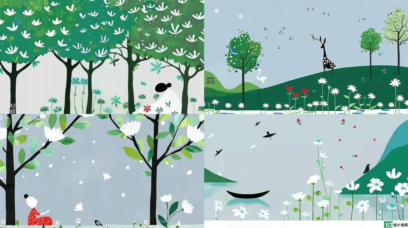 Serene Nature Scenes with Whimsical Illustrations - Midjourney sref style