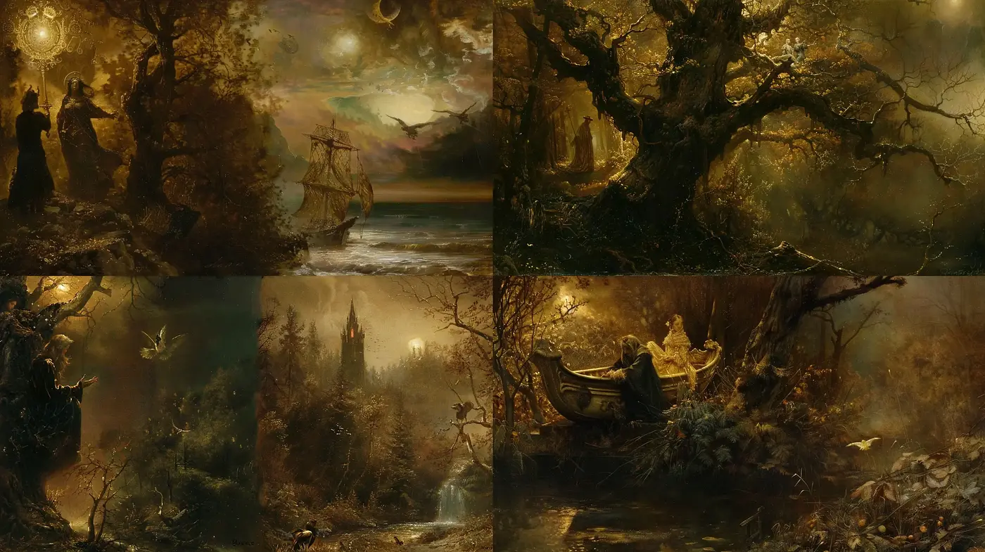 Ethereal Twilight Landscapes: A Fusion of Enigmatic Fantasy and Classic Artistry - Midjourney sref style