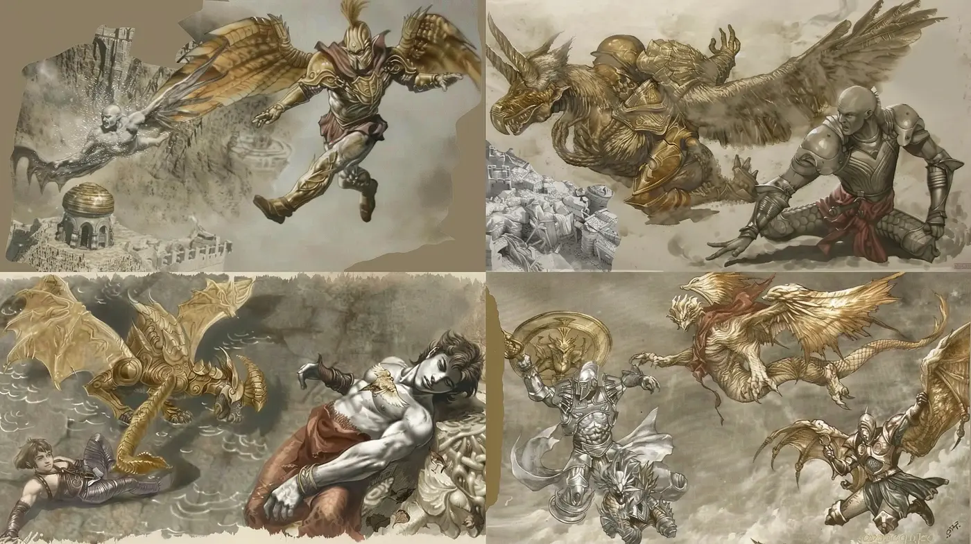 Ethereal Mythos: A Tapestry of Fantastical Battles in Sepia Tones - Midjourney sref style