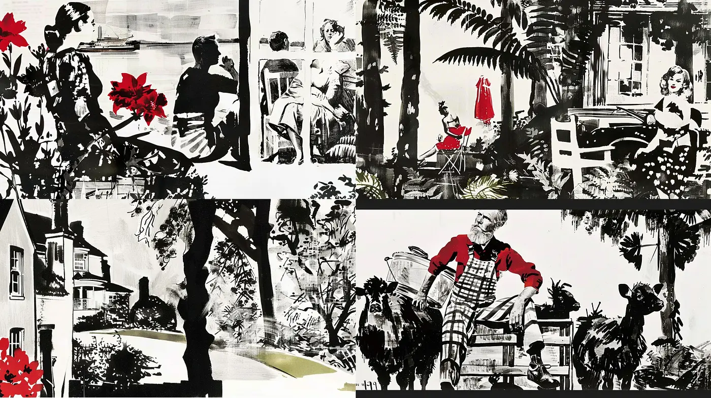 Dynamic Brushwork and Contrasted Vintage Scenes with Splashes of Red - Midjourney sref style