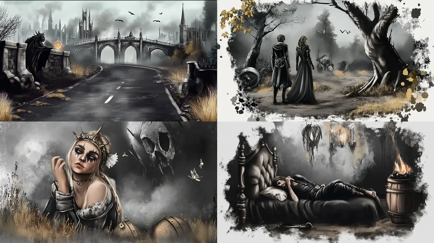 Ethereal Gothic Dreamscape: A Fusion of Digital Artistry and Dark Fantasy - Midjourney sref style