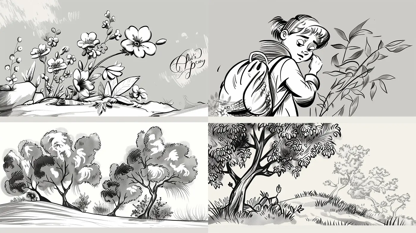 Monochromatic Elegance in Strokes: A Harmonious Blend of Vintage Sketching and Graphic Novel Artistry - Midjourney sref style