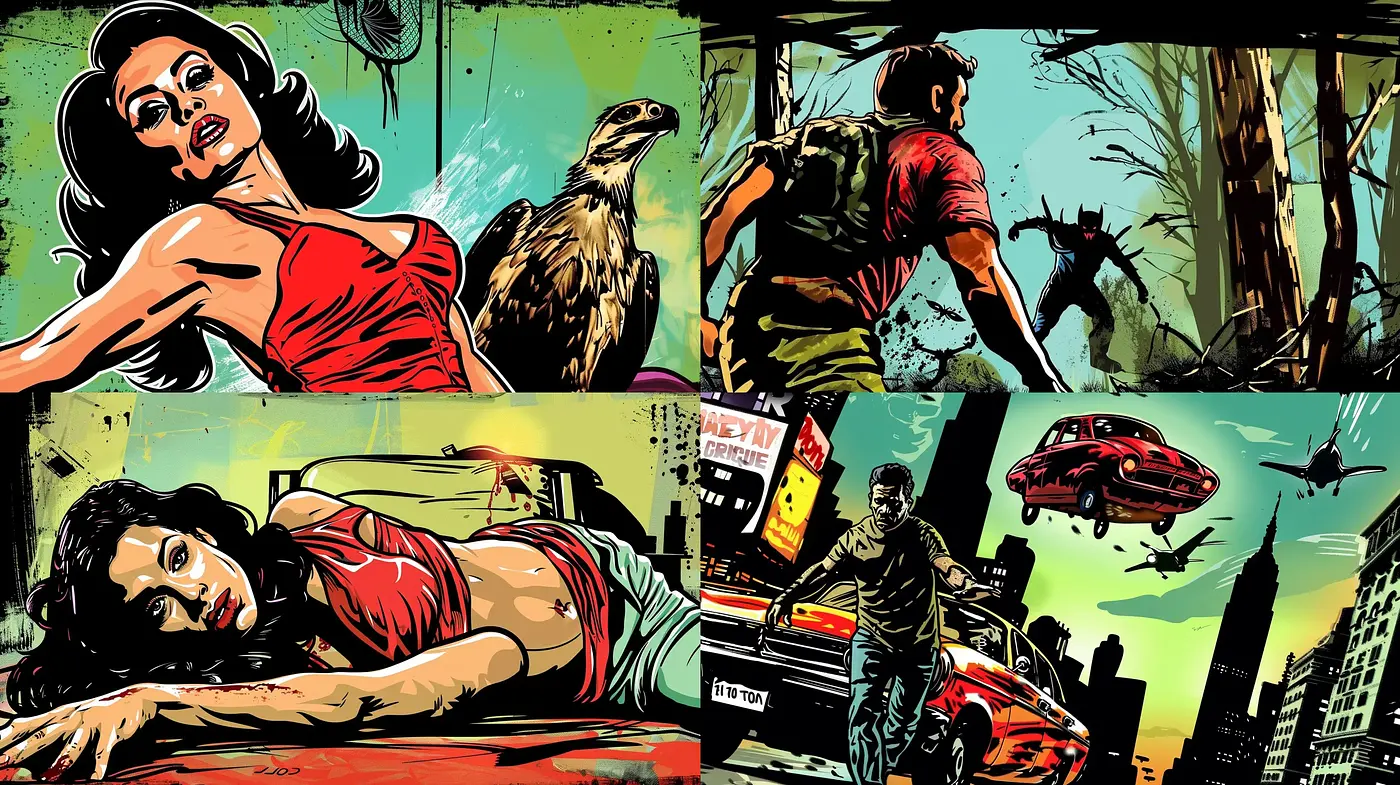 Vibrant Comic-Book Esque Homage with a Touch of Noir - Midjourney sref style