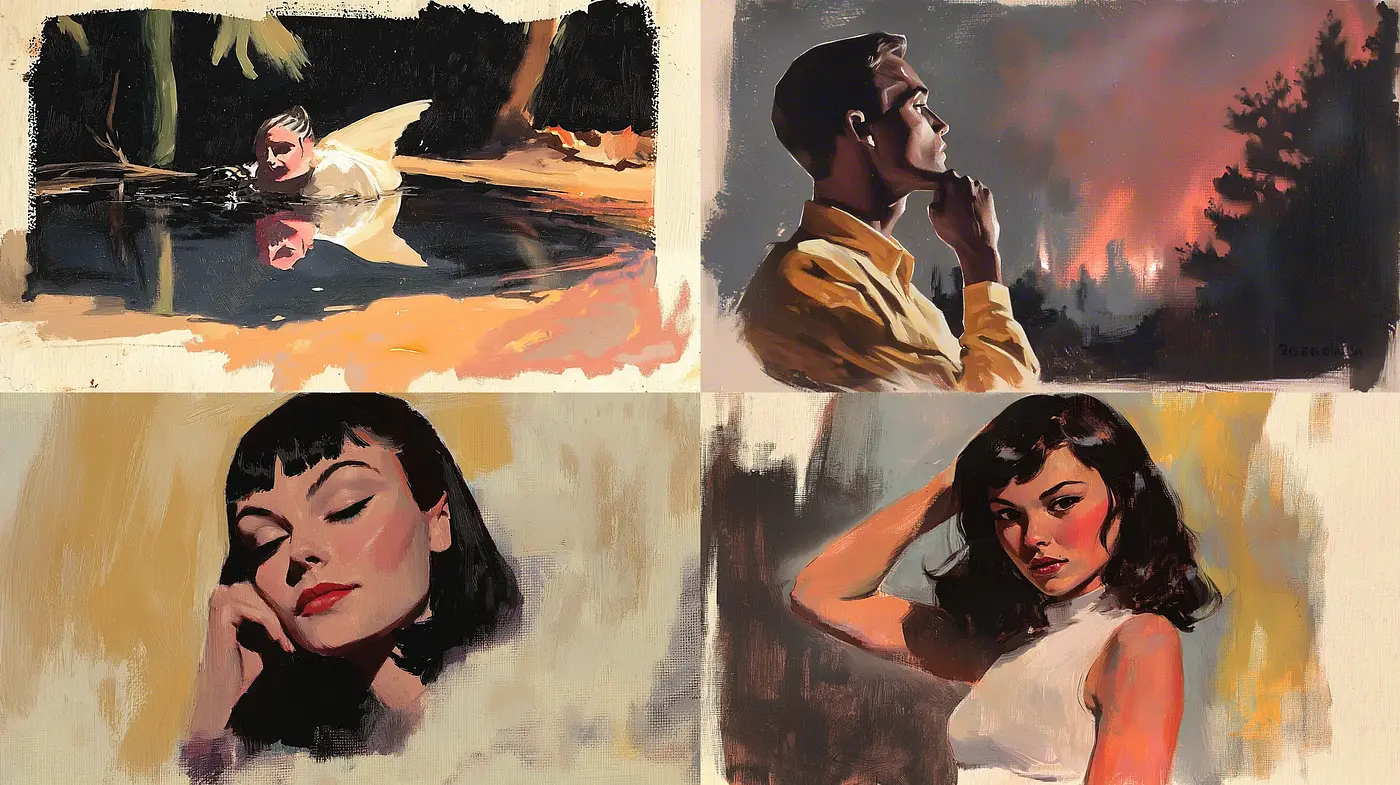 Consistent Brushwork and Subdued Elegance Across Varied Scenes - Midjourney sref style