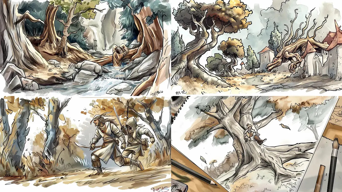Whimsical Adventure in Nature with Watercolor Techniques - Midjourney sref style