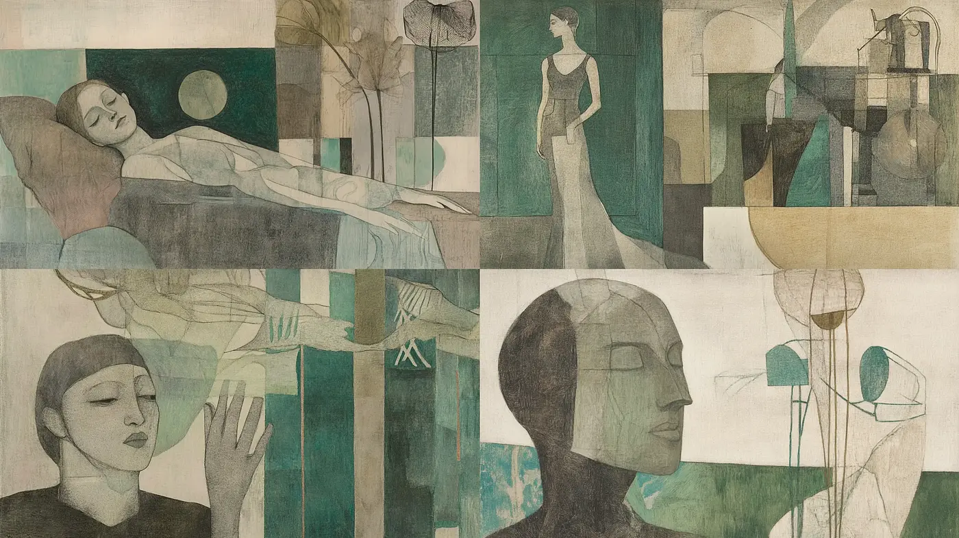Serene Geometric Abstraction with Ethereal Human Forms - Midjourney sref style