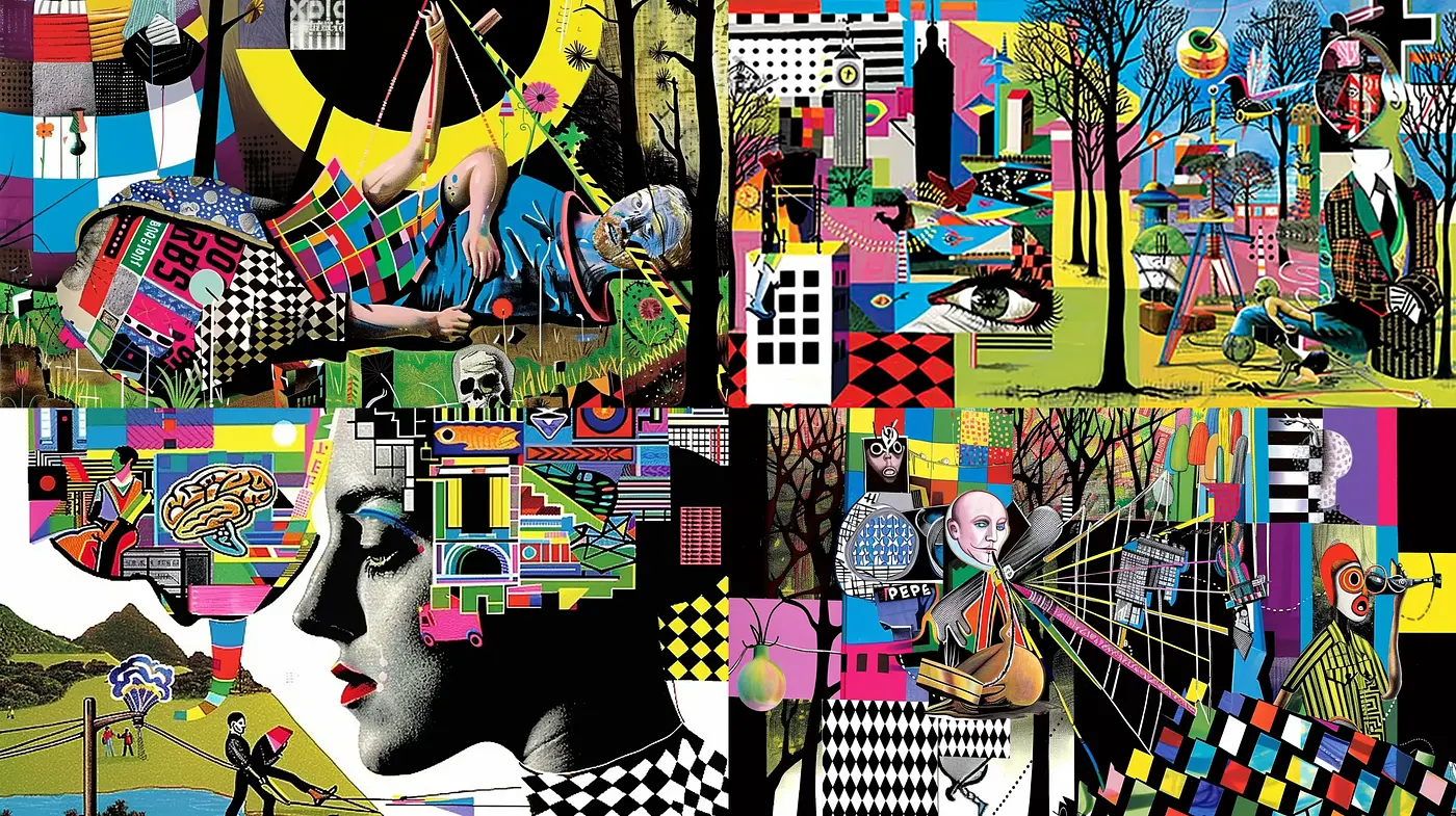 Collage of Surreal Vignettes with Pop Art Overtones - Midjourney sref style