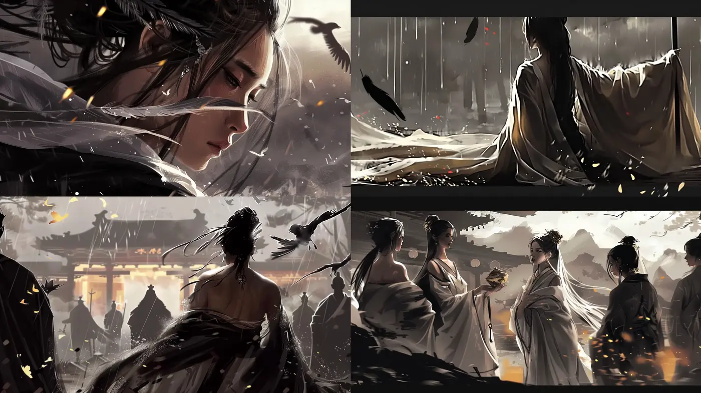 Ethereal Elegance: A Cinematic Symphony of Monochromatic Hues and Dynamic Composition - Midjourney sref style