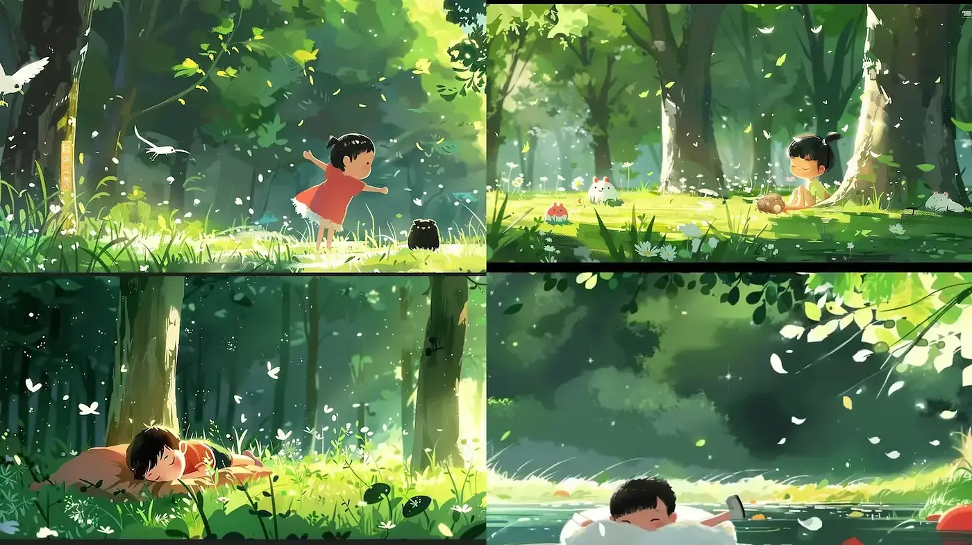Lush Children's Adventure in a Serene Forest Setting with a Playful Aesthetic - Midjourney sref style
