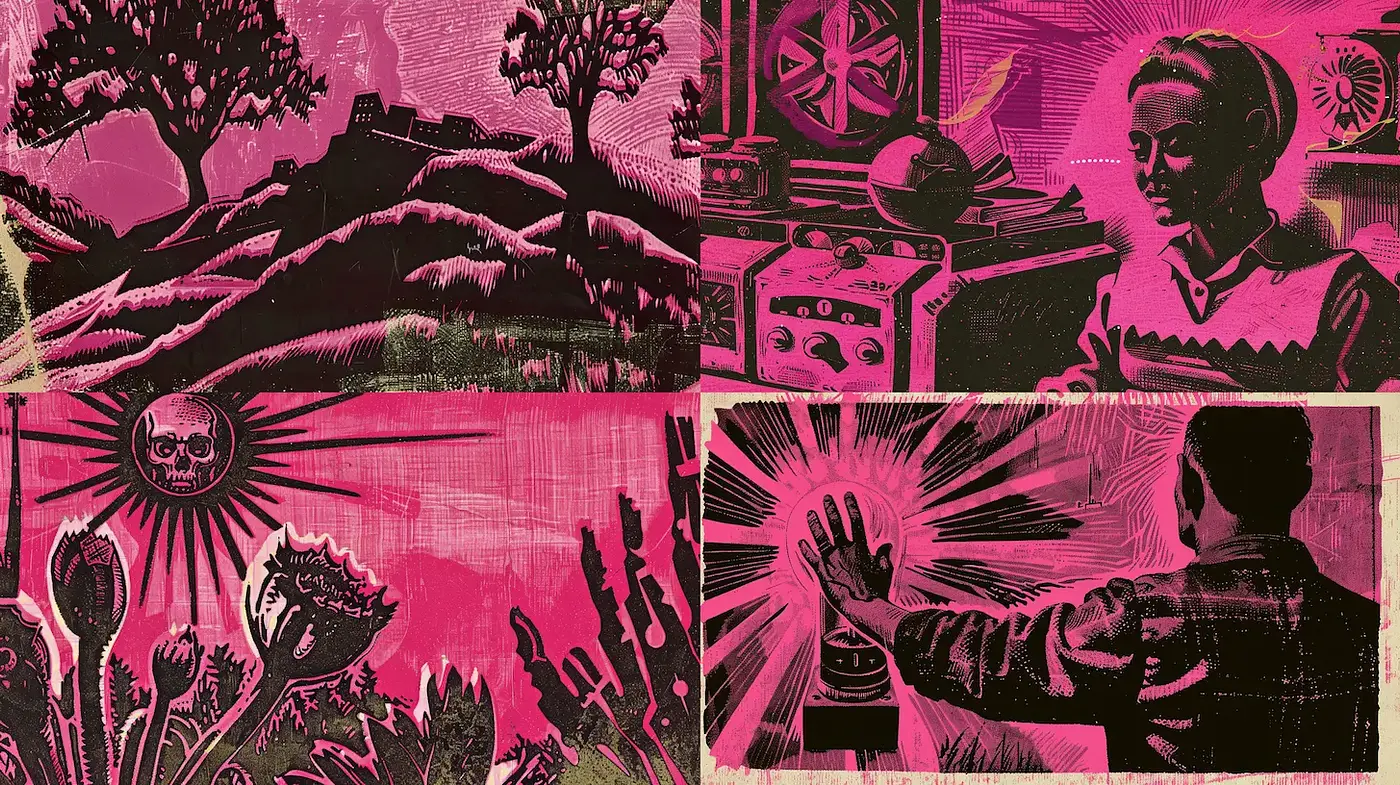 Dynamic and expressive blend of vintage graphic style with surreal elements - Midjourney sref style