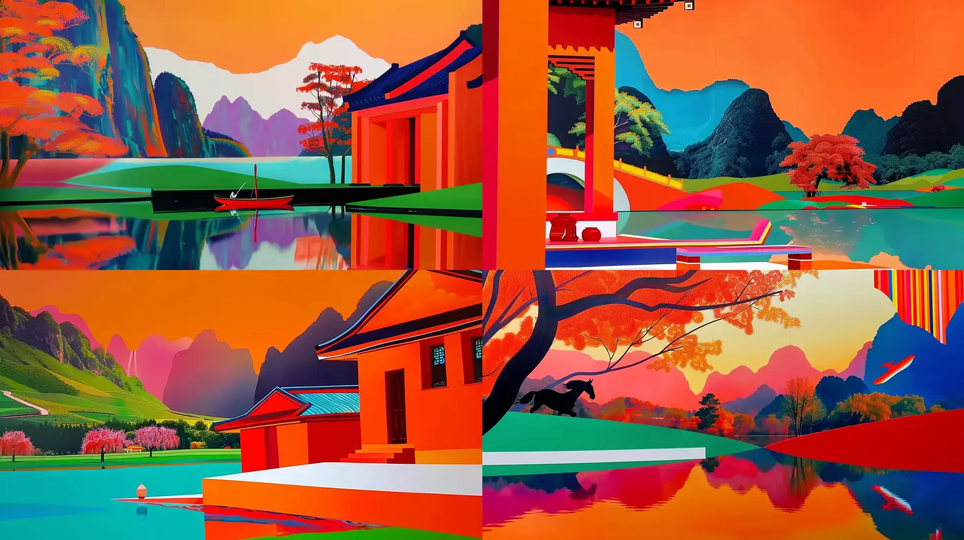 Vibrant Harmony of Oriental Landscapes: A Serene and Stylized Nature's Palette - Midjourney sref style