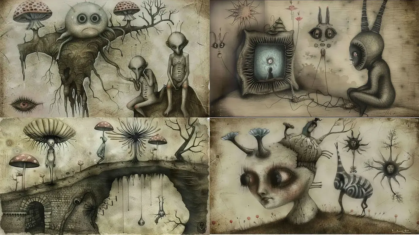 Surreal and Eerie Illustrations with Whimsical Elements - Midjourney sref style