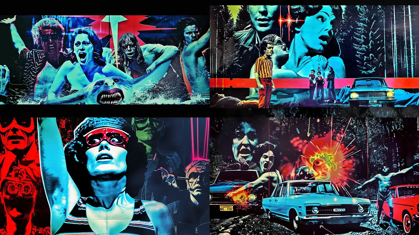 Neon Noir Collage: An Electric Fusion of Vintage Pop Culture and Modern Psychedelia - Midjourney sref style