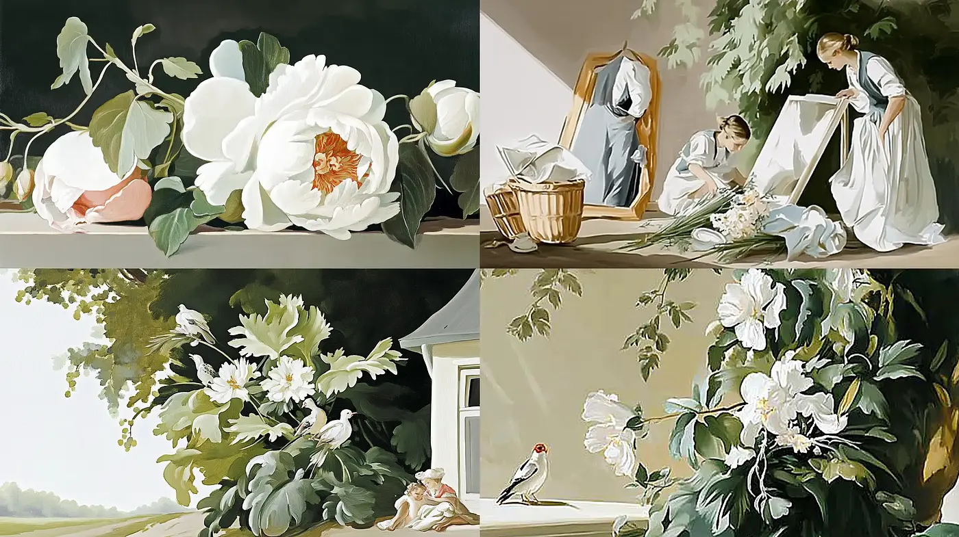 Serene Classical Interplay of Florals and Figures - Midjourney sref style