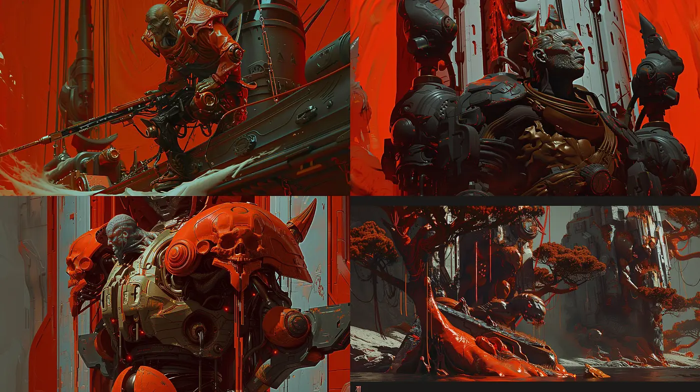 Ethereal Red Dystopia: An Homage of Futuristic Harmony in Monochrome Tones - Midjourney sref style