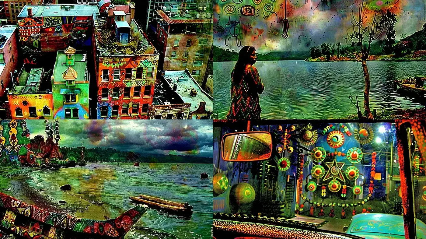 Psychedelic Urban Landscape with Vibrant Colors and Dreamlike Elements - Midjourney sref style