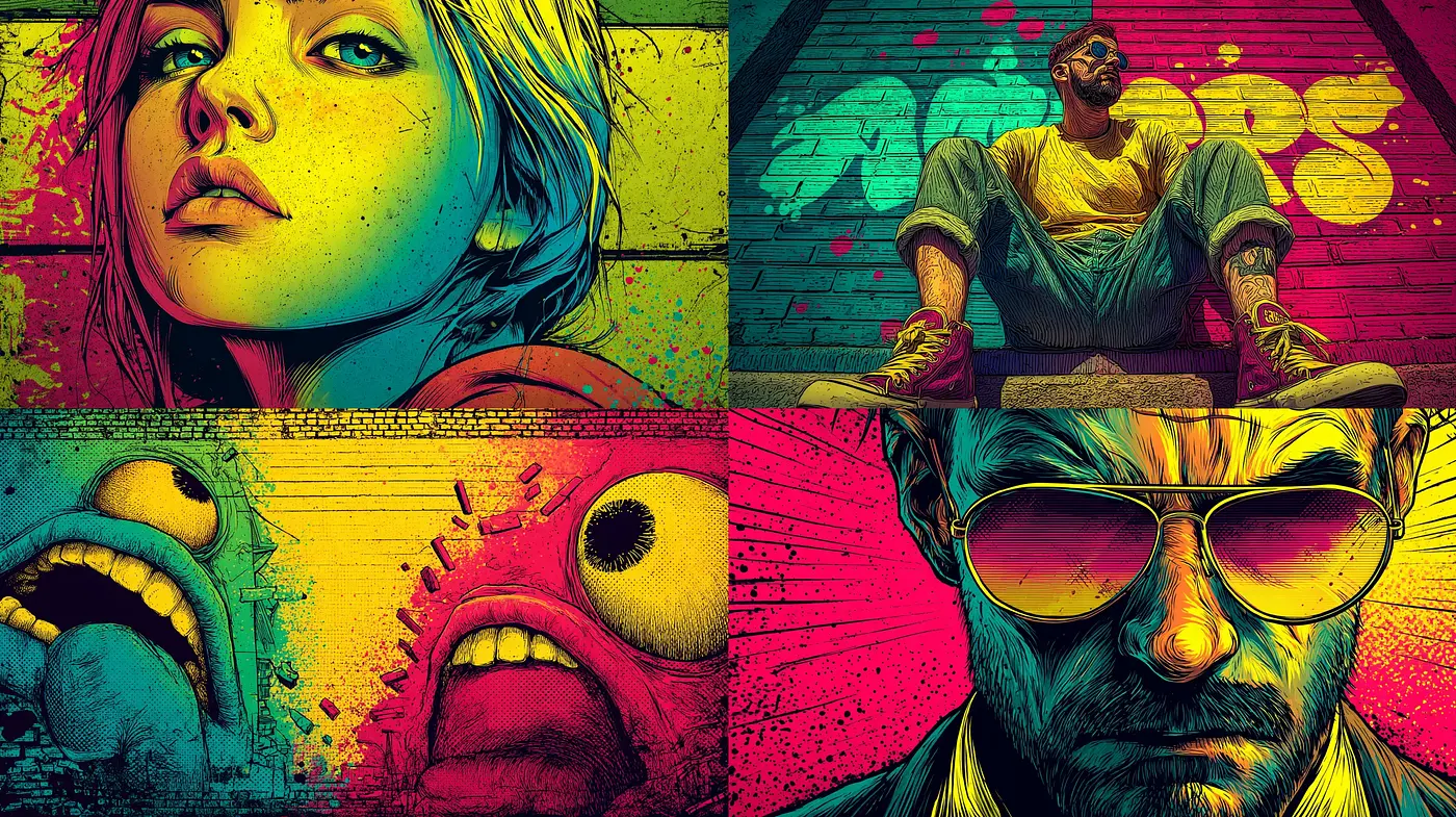 Vibrantly Textured Retro Pop Art with Urban Influences - Midjourney sref style
