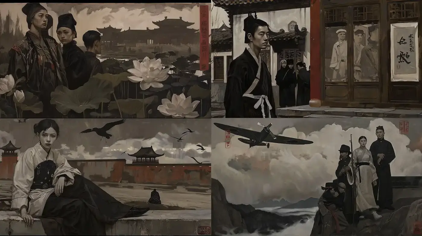 A Harmonious Blend of Traditional Elements and Modern Motifs in Monochromatic Art - Midjourney sref style