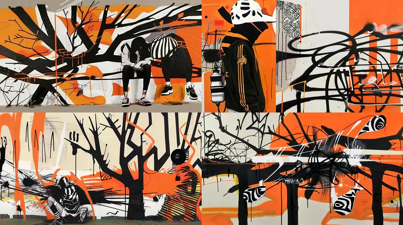 Abstract Urban Melancholy: A Vivid Contrast of Orange and Black in Post-Graffiti Style - Midjourney sref style