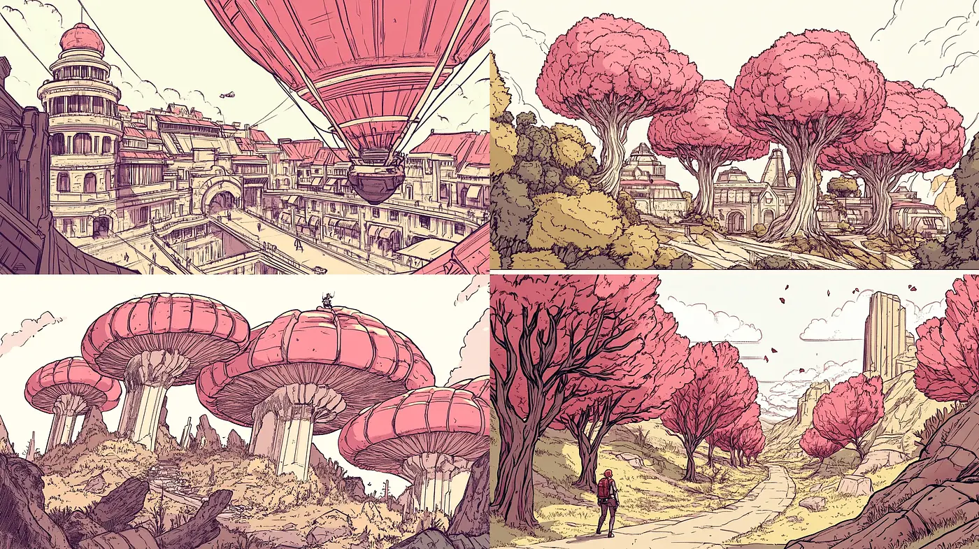 Whimsical Illustrative Dreamscape with a Retro-Futuristic Palette - Midjourney sref style