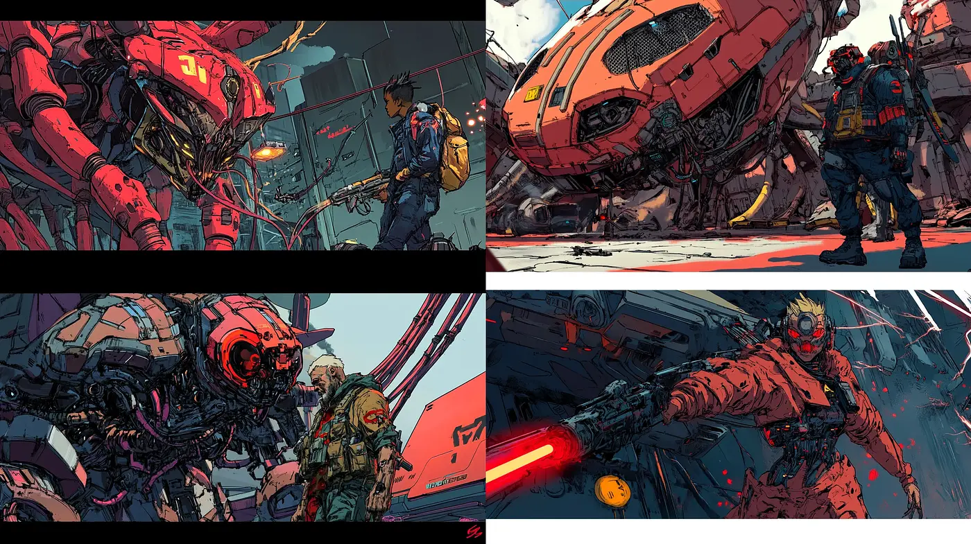 Futuristic Mecha Conflict in Stylized Comic Illustration - Midjourney sref style