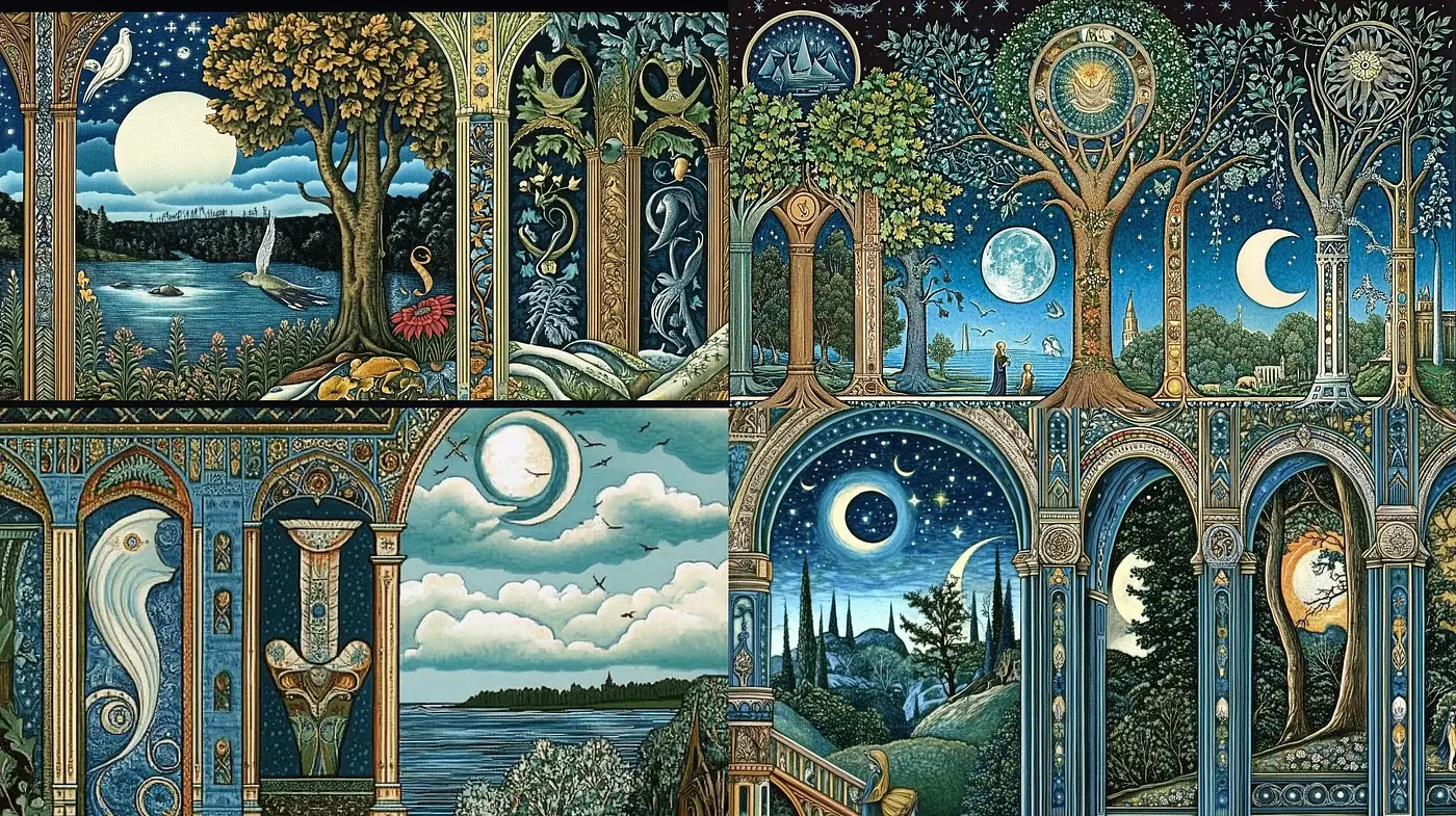 Arcadian Nightdreams: A Tapestry of Whimsical Serenity - Midjourney sref style