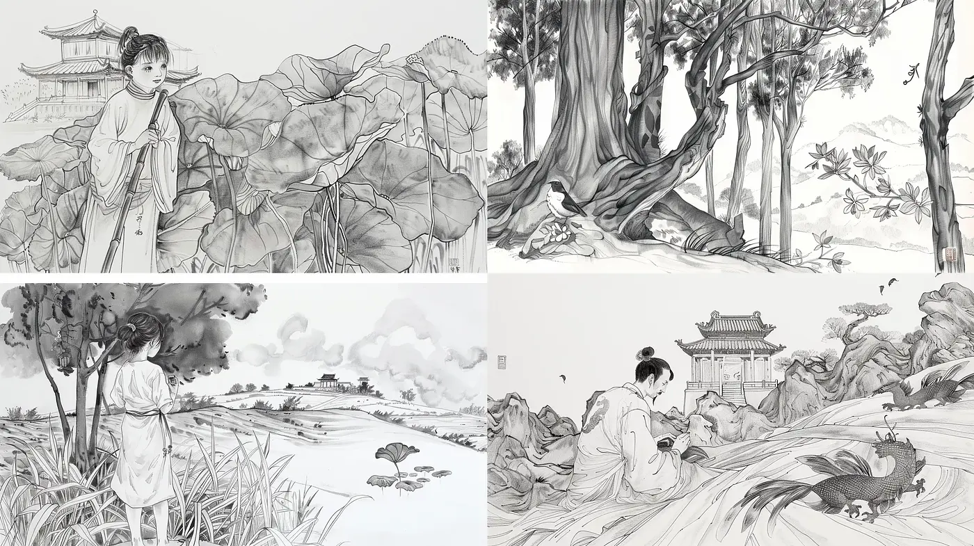 Tranquil Monochromatic Ink Wash Panorama - Midjourney sref style