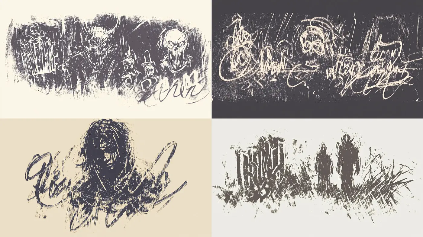 Abstract Calligraphic Explorations in Monochromatic Tones - Midjourney sref style