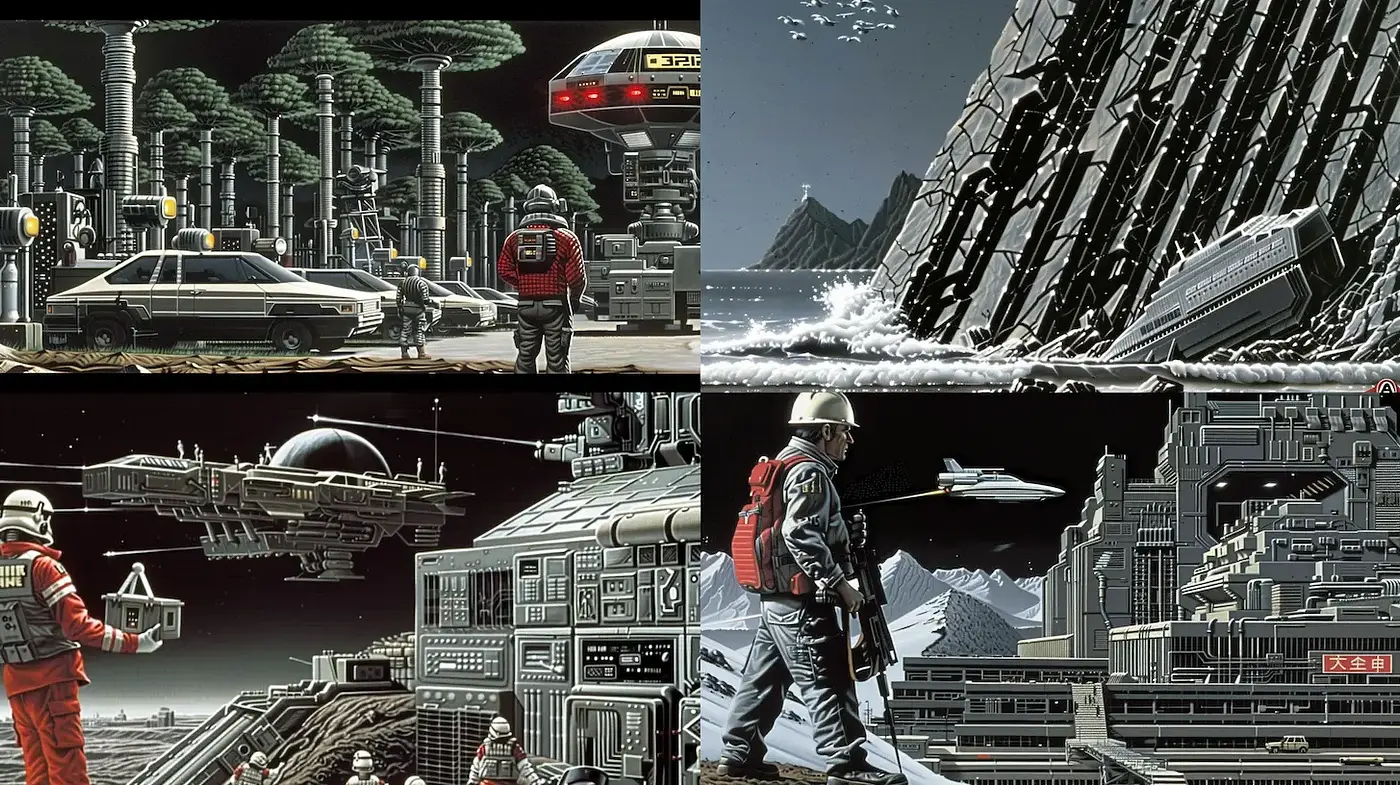 Futuristic Landscapes with a Retro Aesthetic and Sci-Fi Influences - Midjourney sref style
