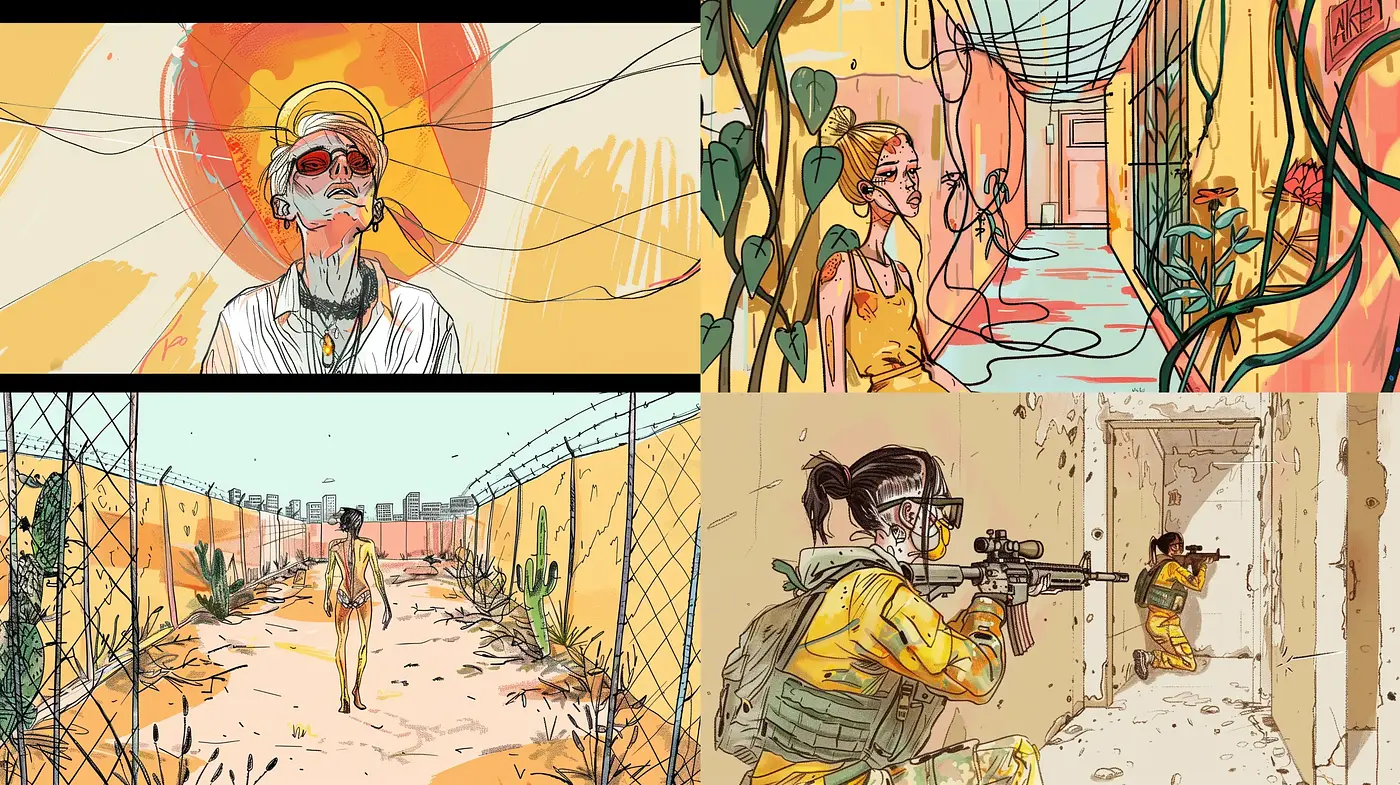 Sun-Washed Sketchbook Chronicles: A Harmonious Blend of Warm Tones and Ink Outlines - Midjourney sref style