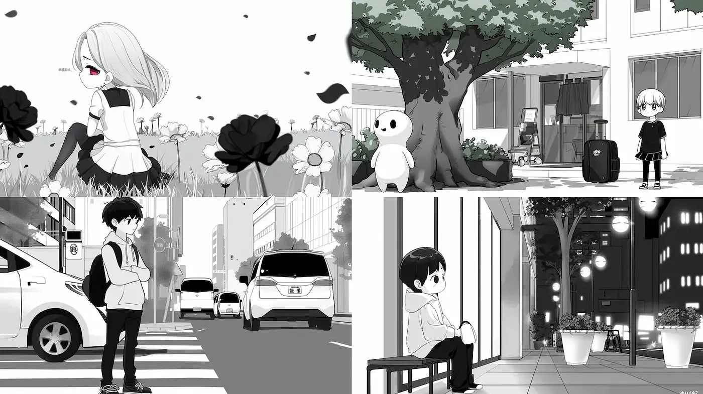 Stylized Black and White Anime Aesthetic with Minimalist Influences - Midjourney sref style